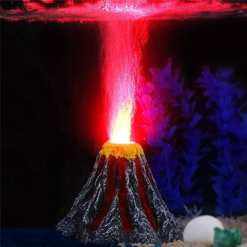 Decorazioni Decorazioni per acquario in resina Kit di ornamenti a forma di vulcano gorgogliatore di pietra d'aria Set con faretto a LED rosso per acquario di pesci Betta