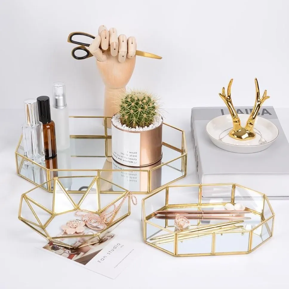 Ny Glass Geometry Cosmetic Storage Tray Retro smycken Decoration Organizer Hållare Halsband Frukt och dessertplattor197n