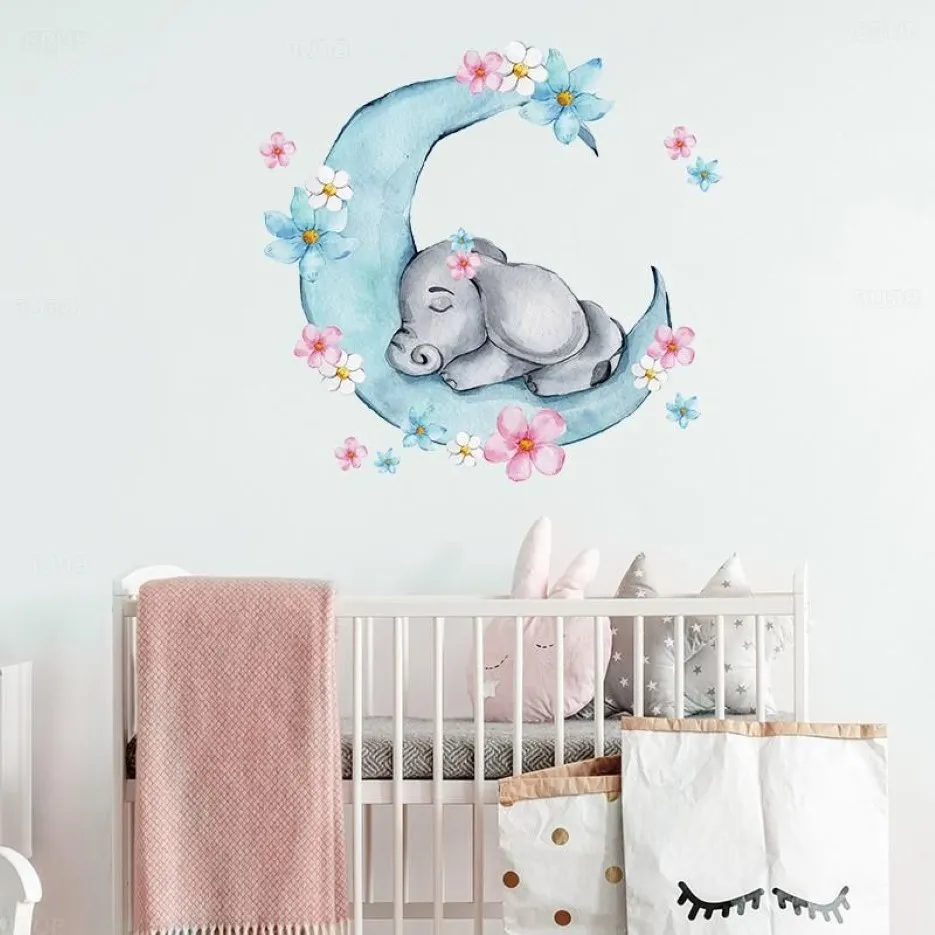 Aquarel slapende babyolifant op de maan muurstickers met bloemen voor kinderkamer babykamer muurstickers PVC257D