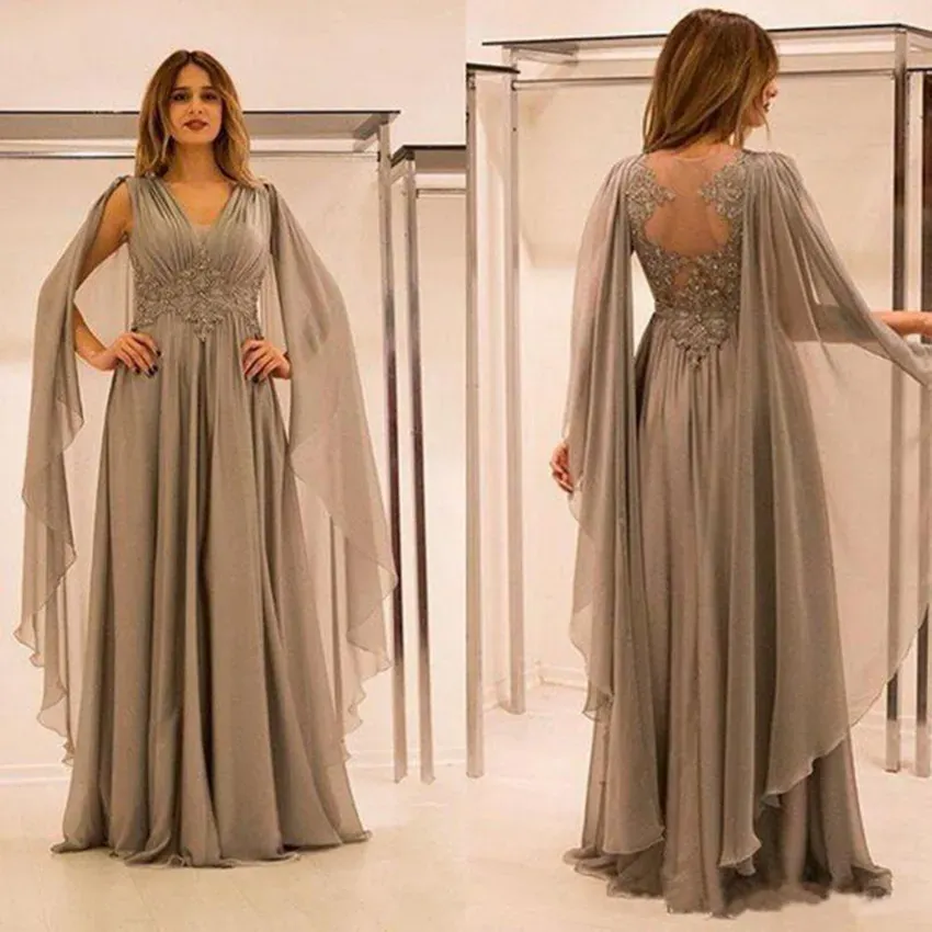 Elegante lange graue Mutter der Braut Kleid Kleiderhülle Applikationen Chiffon Bodenlänge Frauen formelle Kleider Custom Größe