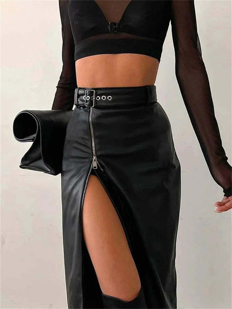 Pencil Skirt Bodycon Midi Skirt With Zip Wsevypo Black PU Leather