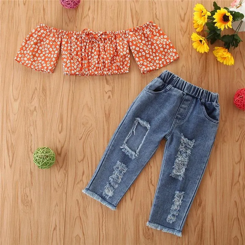 Ensembles de vêtements Mode d'été Enfant Enfants Bébé Fille Vêtements Hors Épaule Orange Floral Imprimé Tops T-shirt Denim Pantalon Enfants Tenues