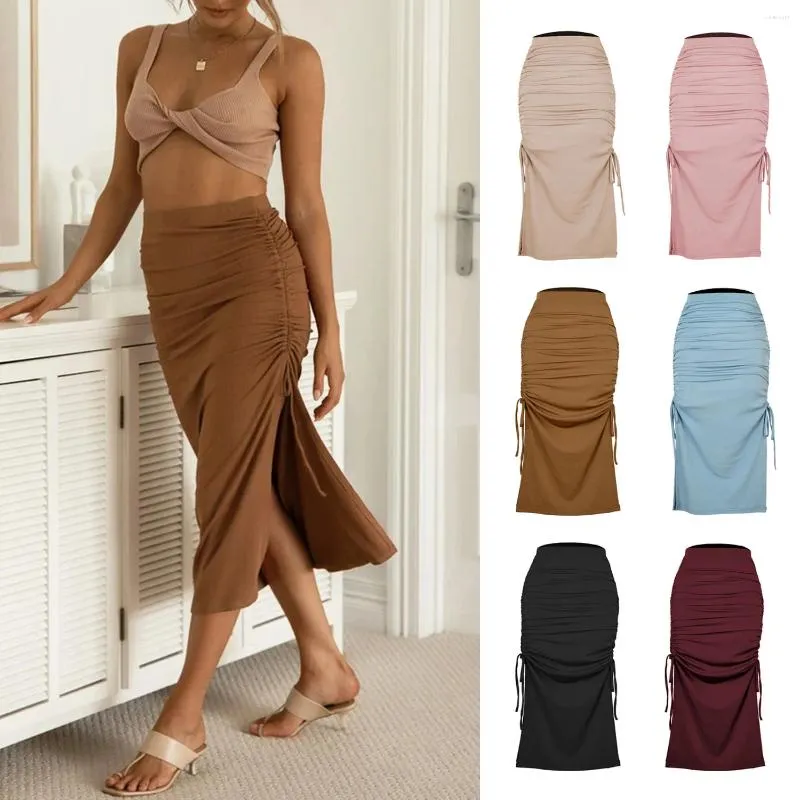 Kjolar kvinnor stickade delade spetsar upp veckad midi kjol sommar dam dragkammare wrap höft mantel vestidos ldy-ww4621