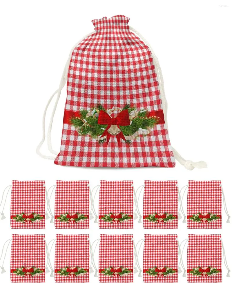 Decorazioni natalizie Fiocco scozzese rosso Sacchetti di caramelle Borsa regalo di Babbo Natale Decorazioni per feste a casa Forniture per imballaggio in lino di Natale