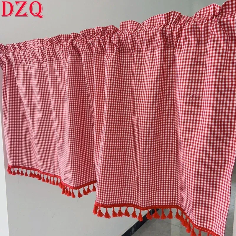 Curtains South Korea Red Plaid Short Curtains for Kitchen Japanese Bottom Balls Half Curtain Cloth for Living Room #A411