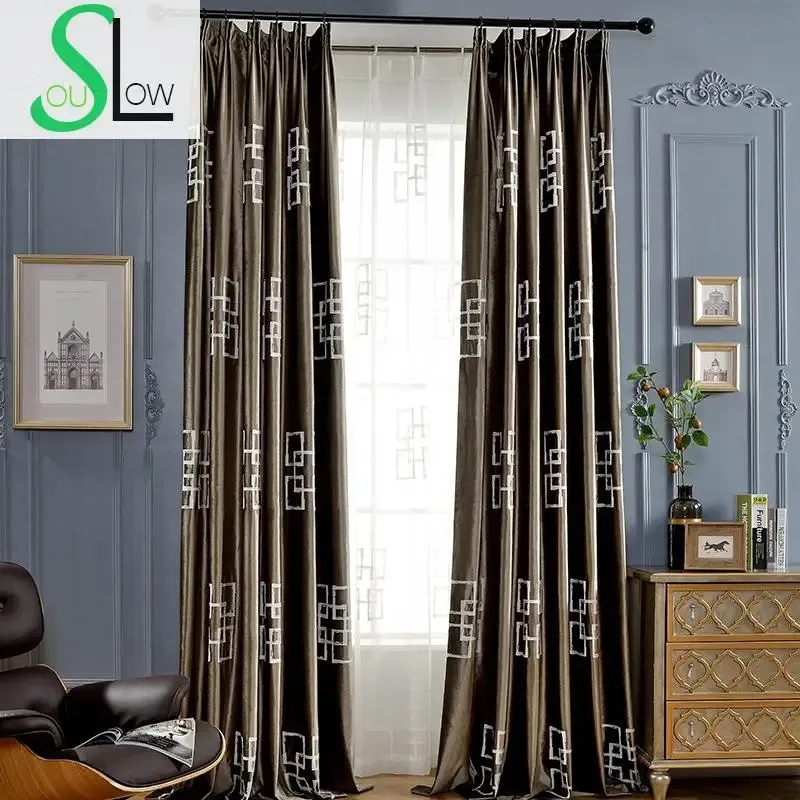 Curtains Slow Soul Brown Dark Green Good Quality Velvet Curtain Embroidered Curtains For Living Room Tulle Bedroom Organza Baby And Tende