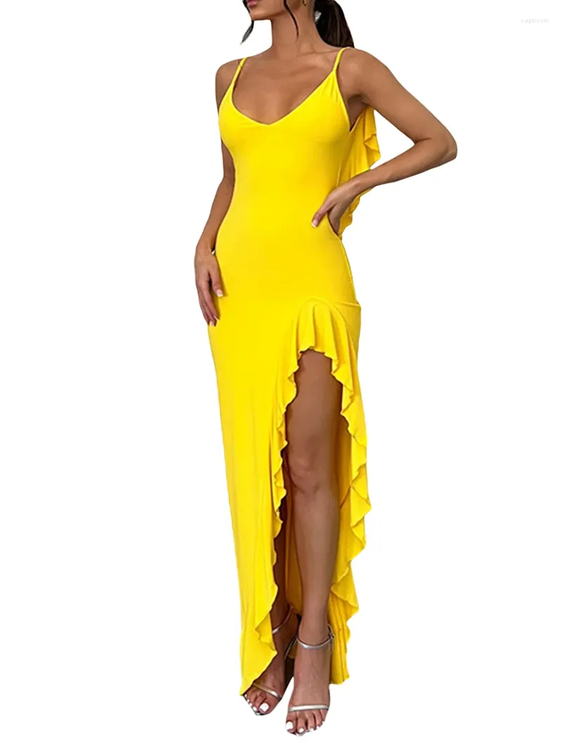 Casual Dresses Women Summer Sleeveless Ruffled Maxi Dress Fishtail Hem Solid Color V-Neck Bodycon Party Cocktail Long