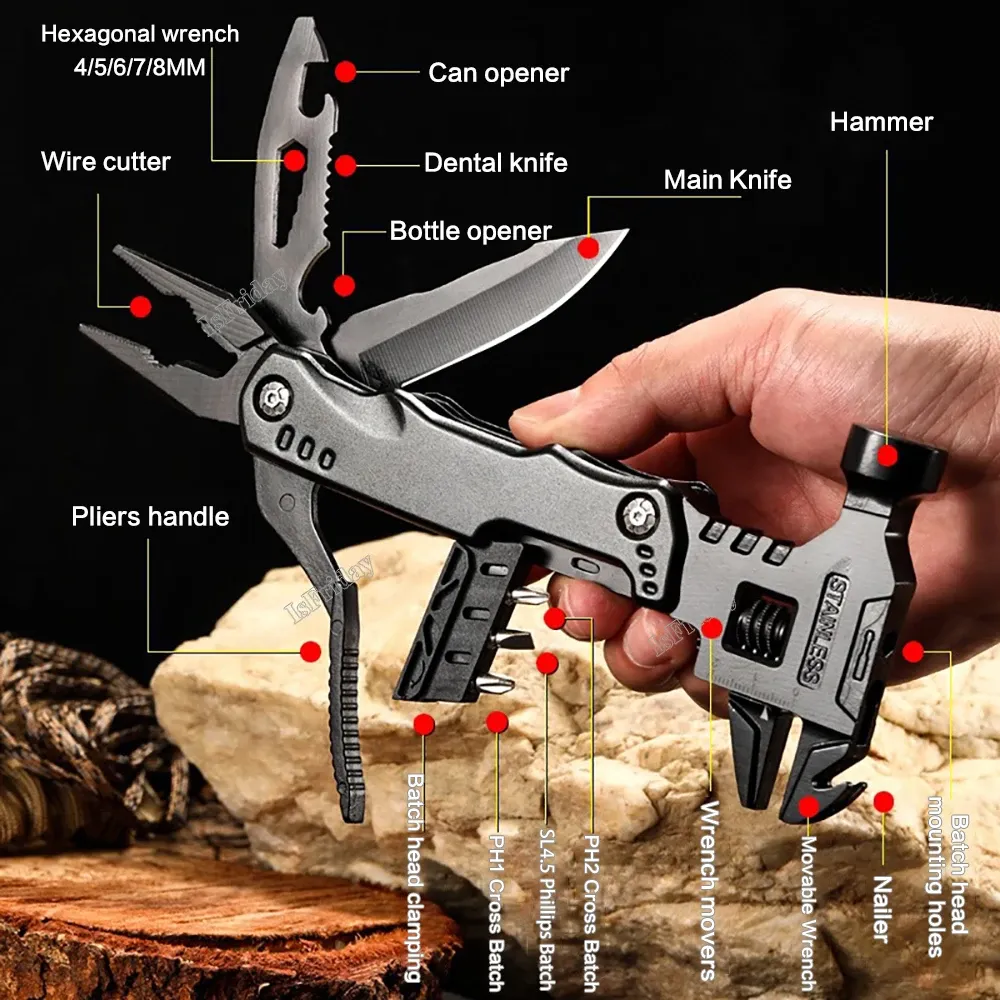Hammer Multi Functional Wrench Hammer Combination Universal Folding Pliers EDC Tool Outdoor Camping Adjustable Wrench Combination Tools