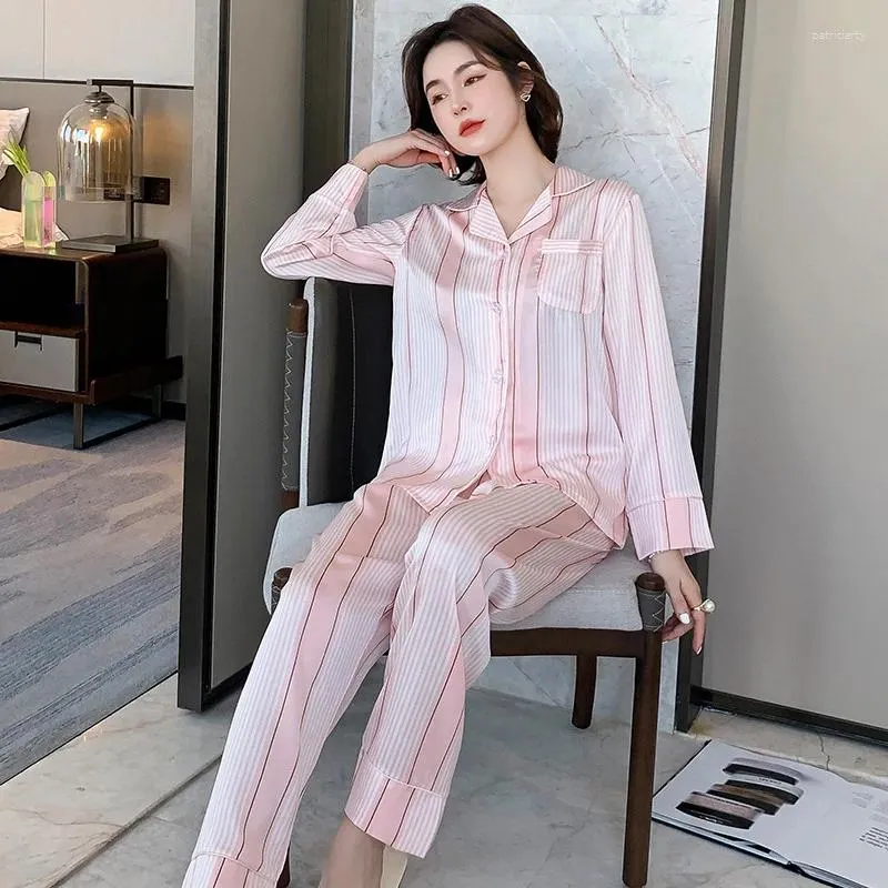 Women's Sleepwear Rayon Pajamas Set Women Striped Turn-down Collar 2pcs Full Length Sleep Suit Lingerie Nightwear With Pockets Homewear