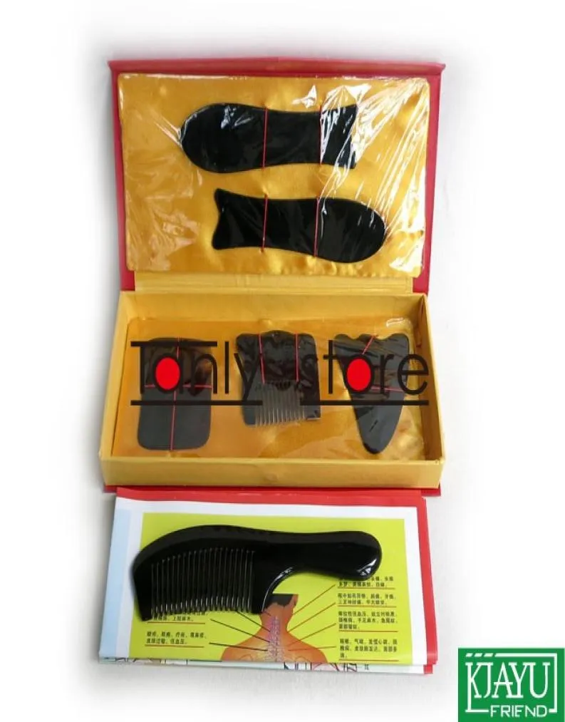 100 Buffalo Horn Tradycyjne akupunktura masażer narzędzi papierowy pudełko gua sha beuthing kit 5pcsset 1pcs guasha wykres 1pcs Comb1254476