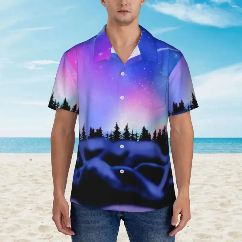 Chemises décontractées pour hommes Chemise hawaïenne Vacances Montagnes Galaxy Blouses Northern Dreamy Lights Élégant Mâle Manches Courtes Harajuku Tops