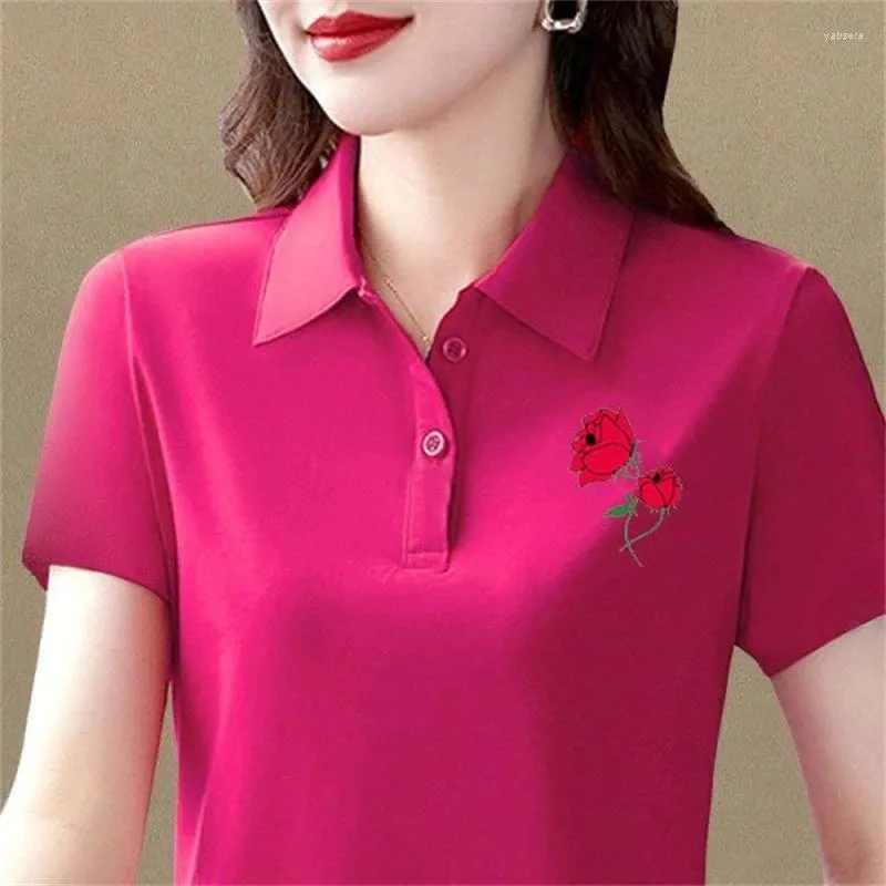 Damen Polos Damenmode Kurzarm Blumendruck T-Shirts Elegante Polokragen T-Shirt 2024 Sommer Casual Slim Button Basic Tops Ropa De