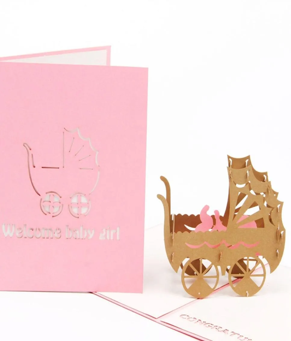 3D Baby Carriages Greeting Card Pop Up Origami Paper Laser Cut Postcard Birthday Party Kirigami Invitation Card Gift3146229