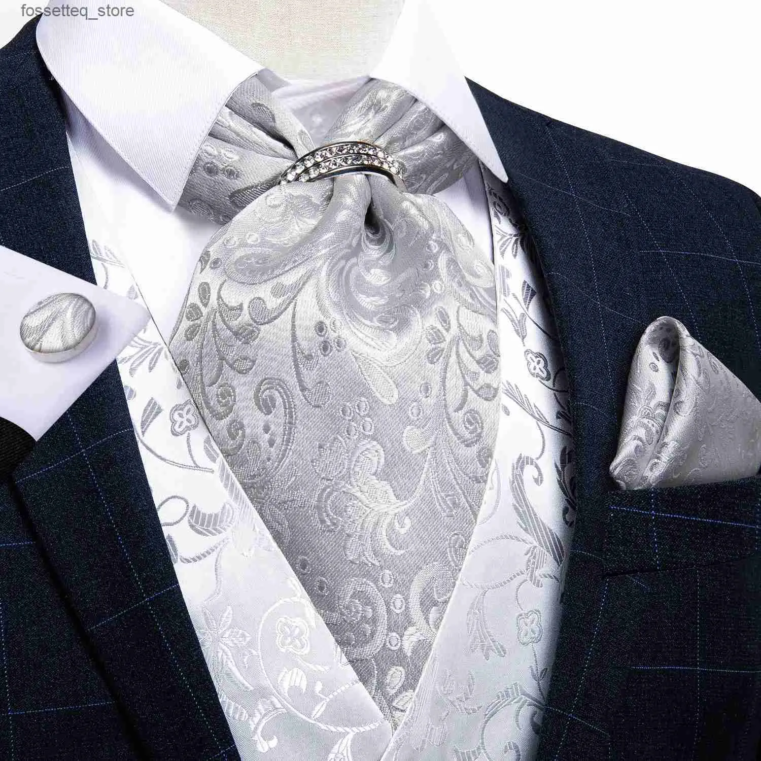 Neck Ties Luxury Silver Paisley Men Ascot Tie Wedding Formal Cravat Ascot Scrunch Self British Neck Tie Set Pocket Square Cufflink DiBanGu L240313