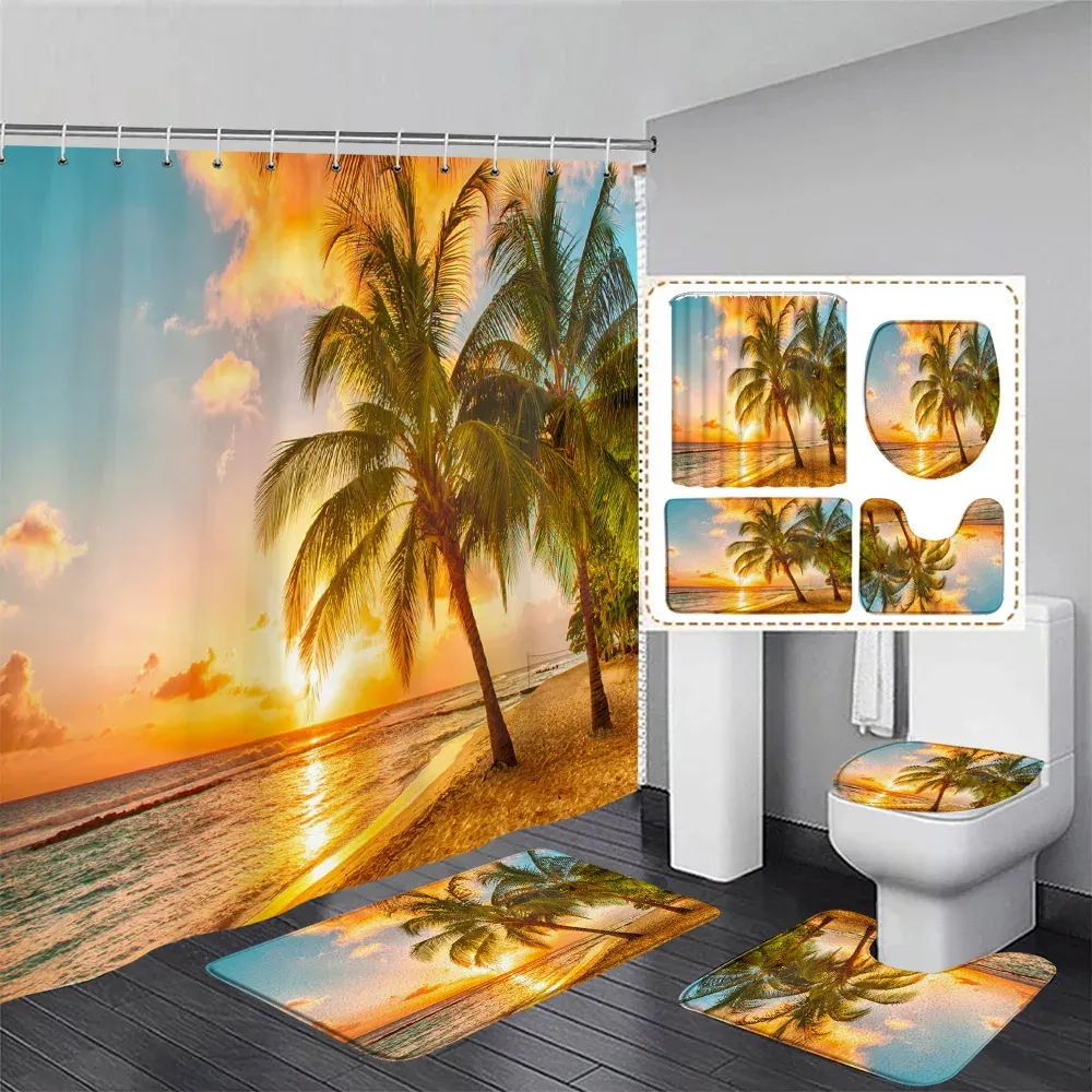 Rideaux Crépuscule Océan Rideau De Douche Ensemble Coucher De Soleil Plage Cocotiers Vagues De Mer Paysage D'été Maison Salle De Bain Décor Tapis De Bain Couvercle De Toilette Couverture