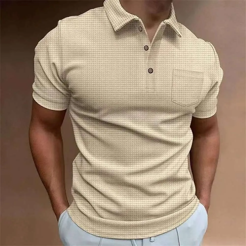 新しいワッフルサマーメンズポロシャツ短袖TシャツスリムフィットボタントップメンスタイルT-