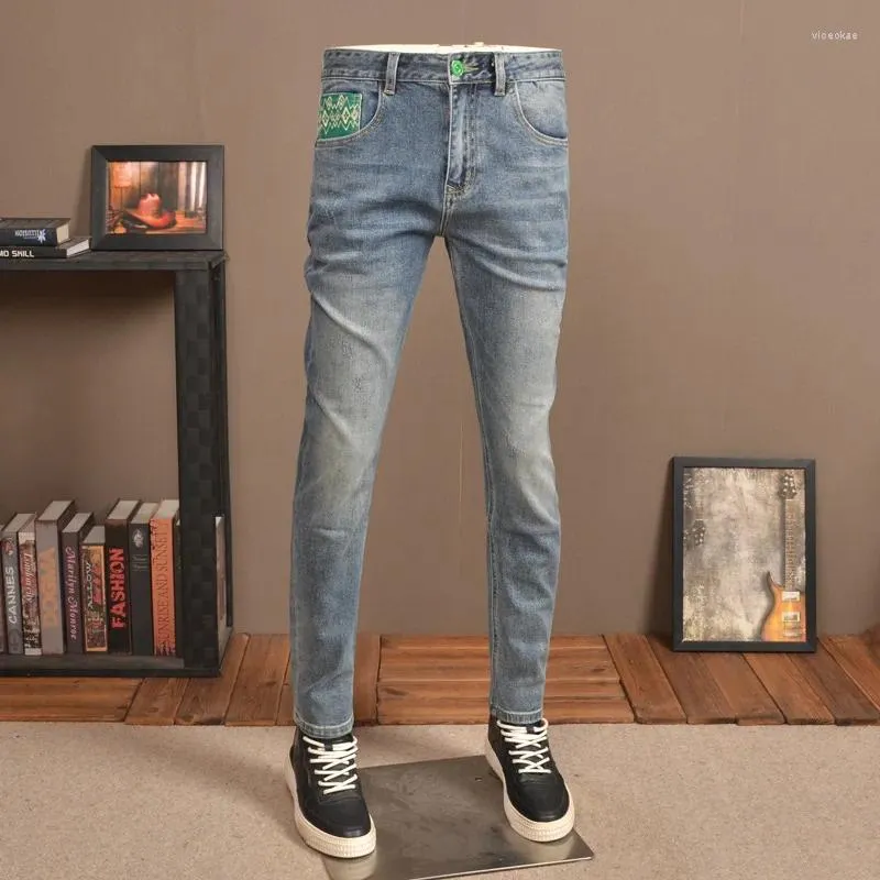 Men's Jeans Retro Worn Fashion Embroidered Printed Stretch Slim Straight High-End All-Matching Skinny Trousers