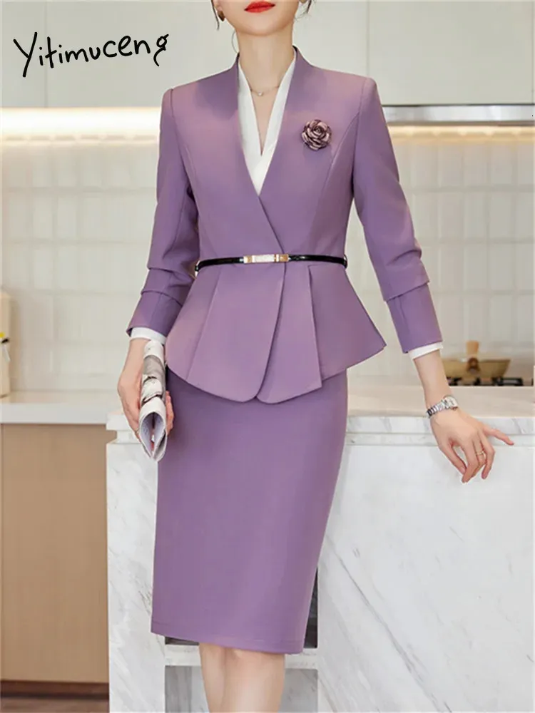 yitimuceng purple 2 قطعة مجموعات للنساء أزياء المكتب السيدات النحيف الأكمام الطويلة الخامس بليزرز السترة عارضة بدلات تنورة غير رسمية 240309