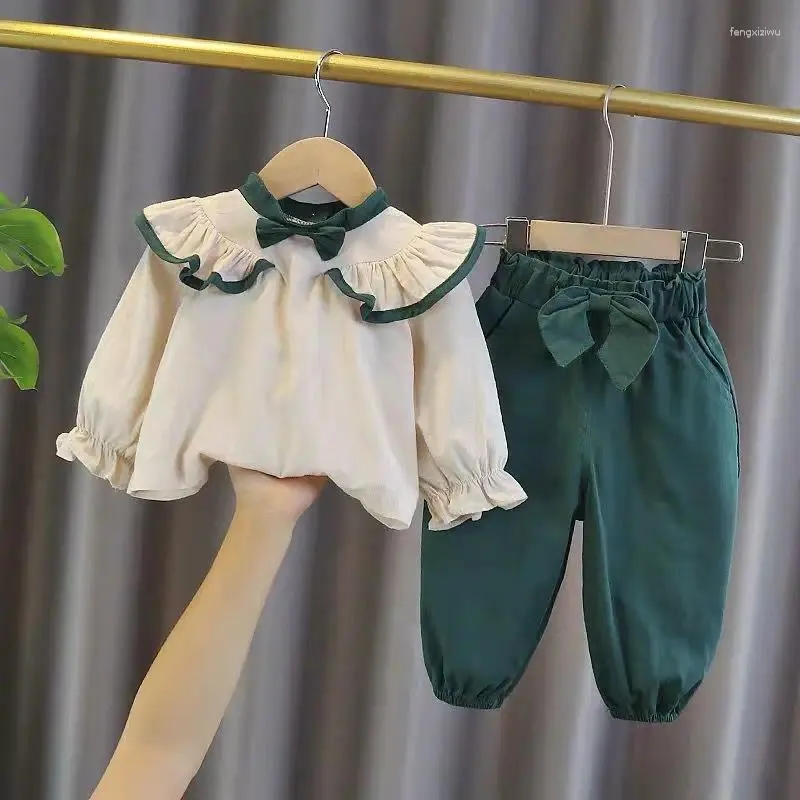 Clothing Sets Fashion Baby Girls Suits 2024 Spring Autumn Patchwork Turn Down Collar Tops Solid Elastic Waist Pants Children Two Piece Set