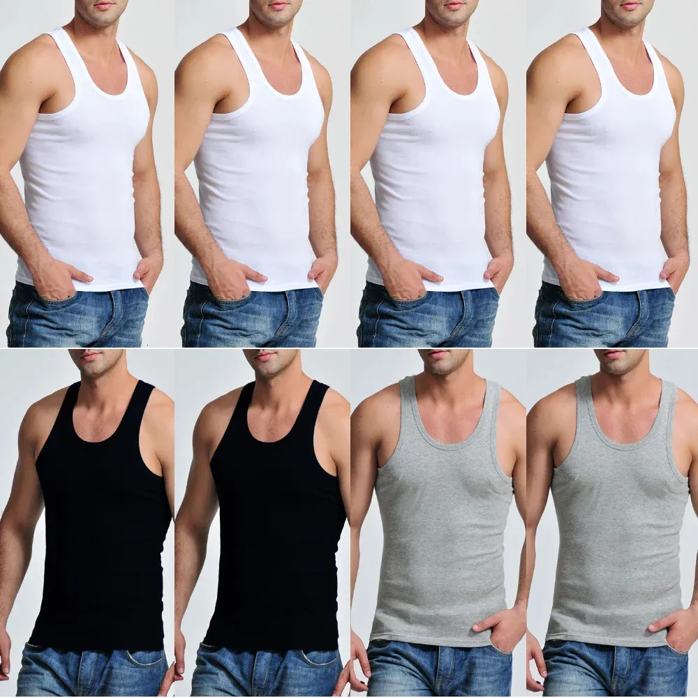 8 st bomull Mens är ärmlös tank top solid muskelväst män underskjortor o-hals Gymkläder tees toppar body hombre män kläder 240313