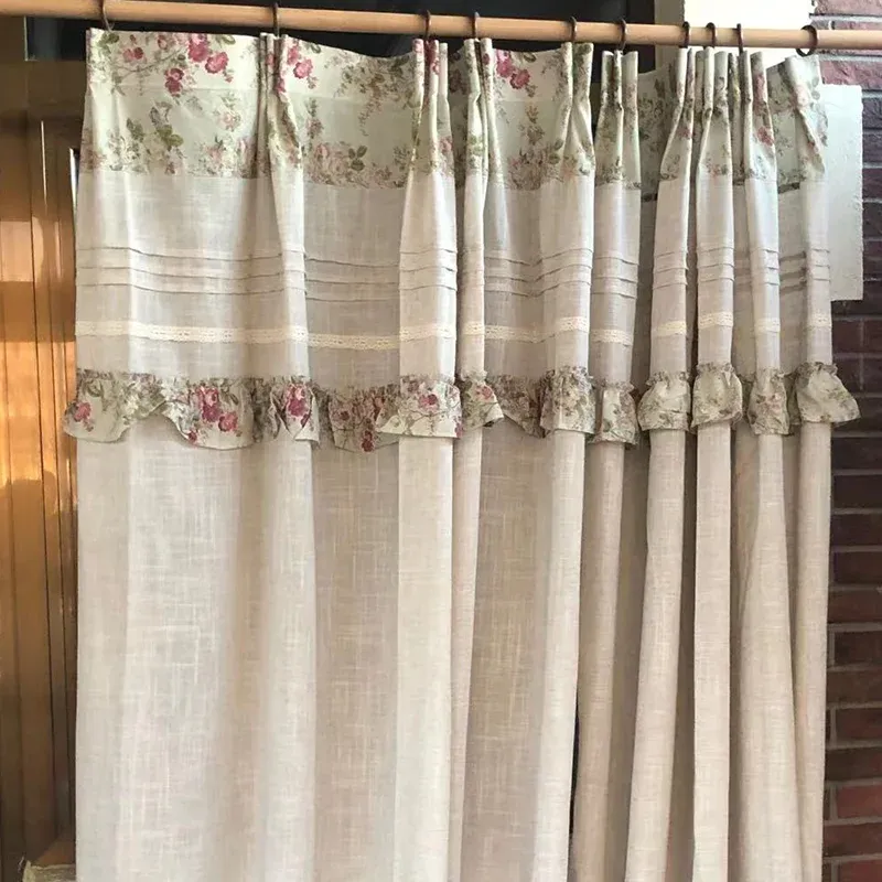 Gardiner franska romantiska rose semiblackout gardiner koreansk bomullslinne gardin för sovrum spets rufs kort fönster drapera hem deco