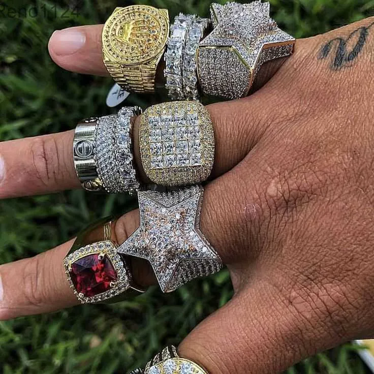 Hip Hop -smycken Moissanitringar Diamond Zircon Gold Plated Iced Out Rings for Men
