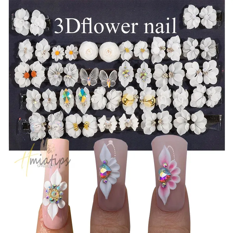 52pcs 3D Acrylic Flowers White Handmade Flowers Nail Charms Summer Designer DIY Nail Art Accessories Manicure 240307