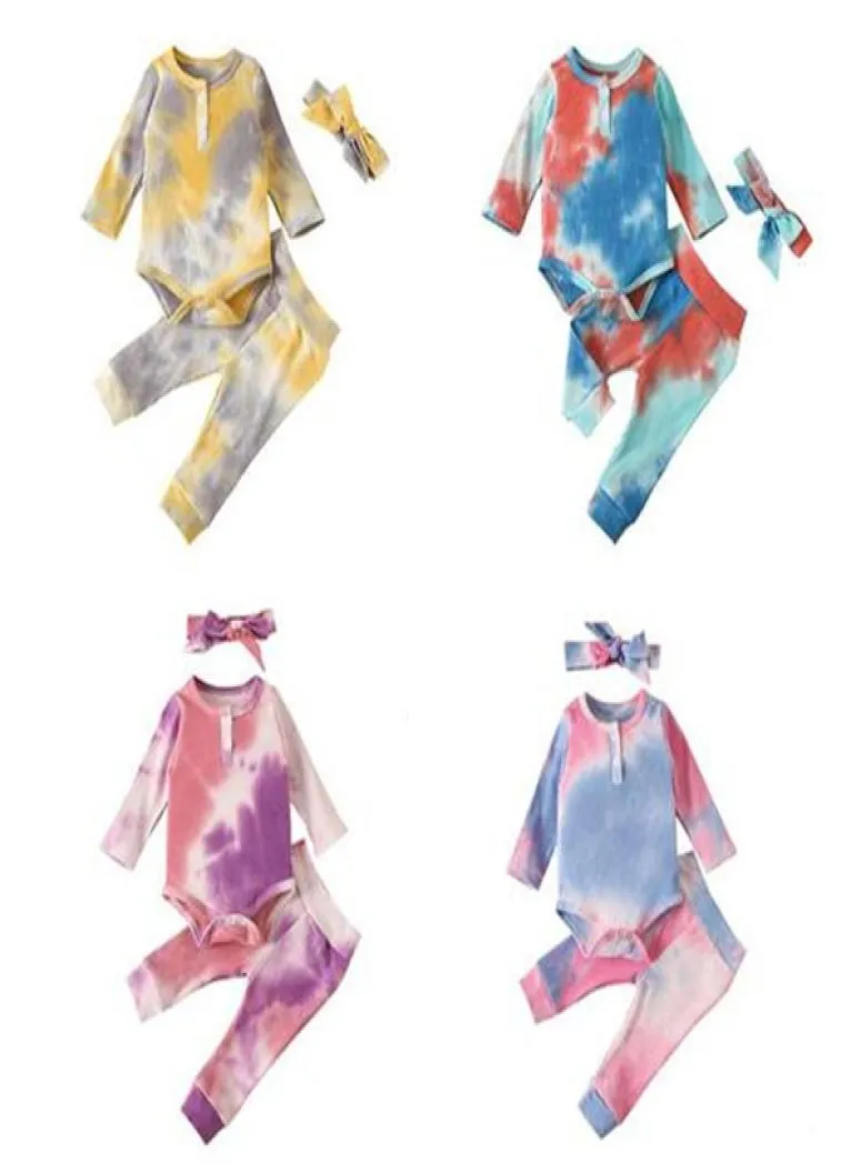 Bebek Bağlanmış Sonbahar Kıyafetleri Makale Çukur kravat boyalı giyim setleri 8 Stiller Bebek Uzun Kollu Romper Toppantsheadbands 3PCSSET3284202