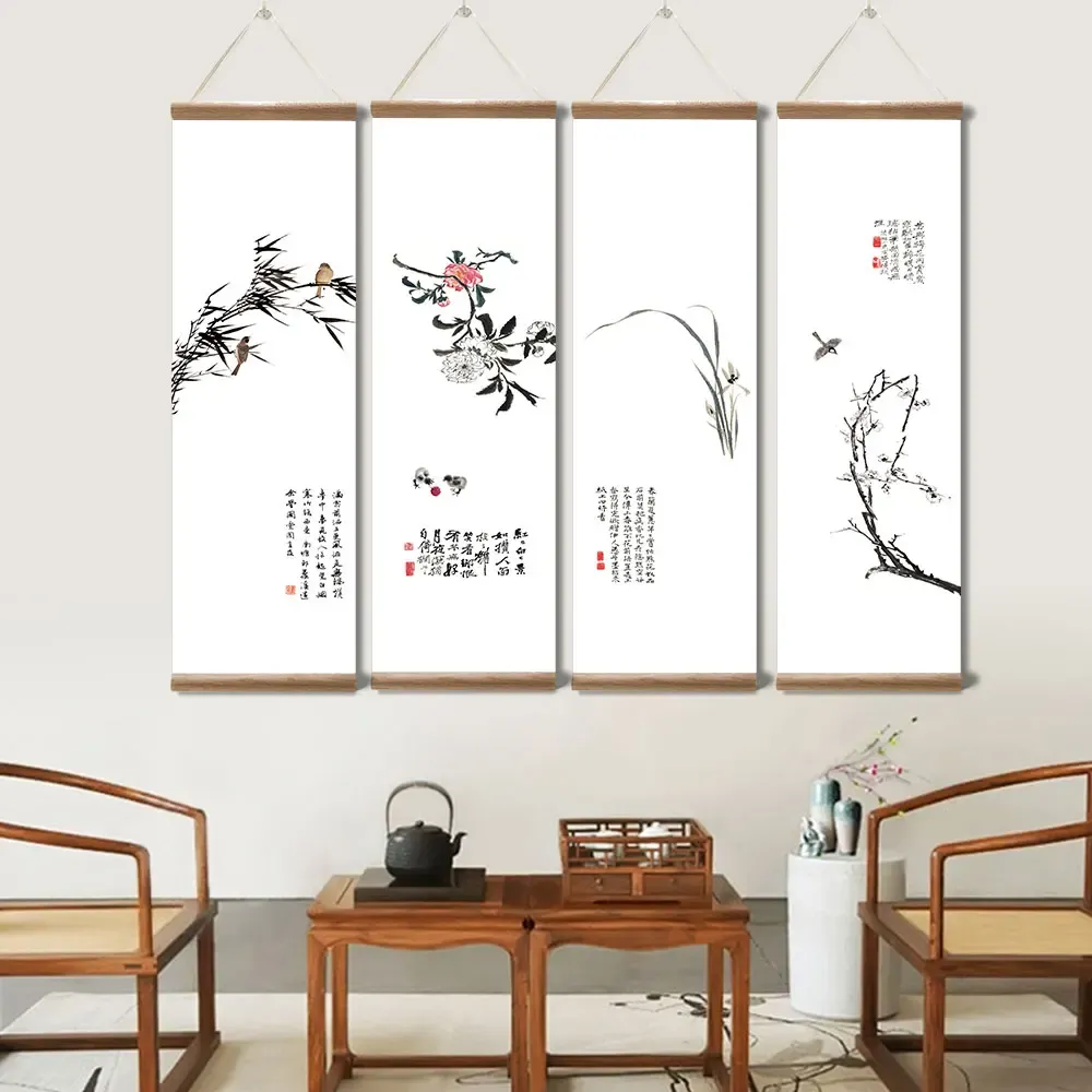 Kalligrafie Chinese stijl bloemplanten canvas schilderijen voor woonkamer decoratieve zwart-wit abstracte kunst aan de muur houtrolschilderijen
