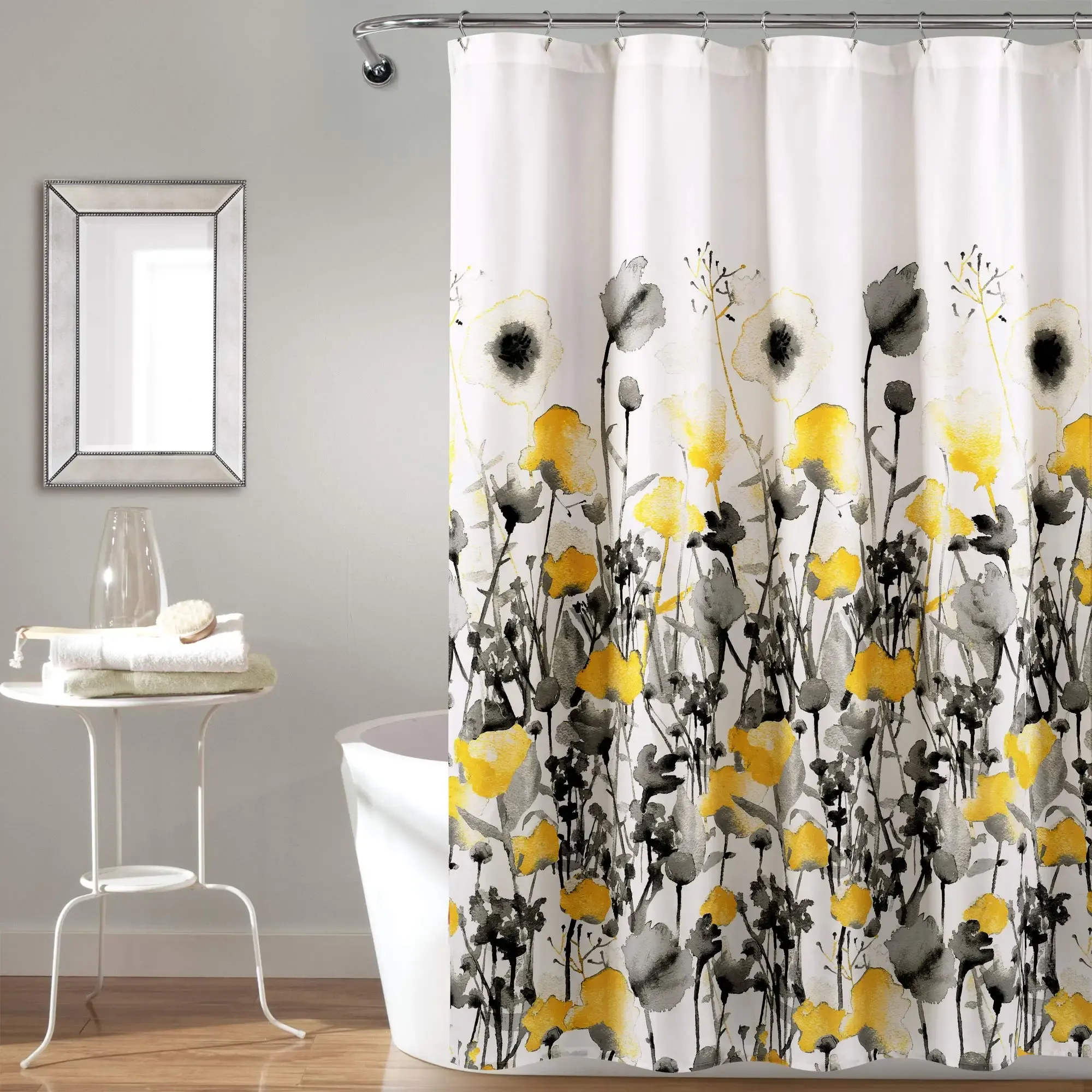 Rideaux Rideau de douche floral Zuri jaune et gris, rideaux de douche en tissu aquarelle fleur imprimé pour salle de bain, ensemble de bain botanique