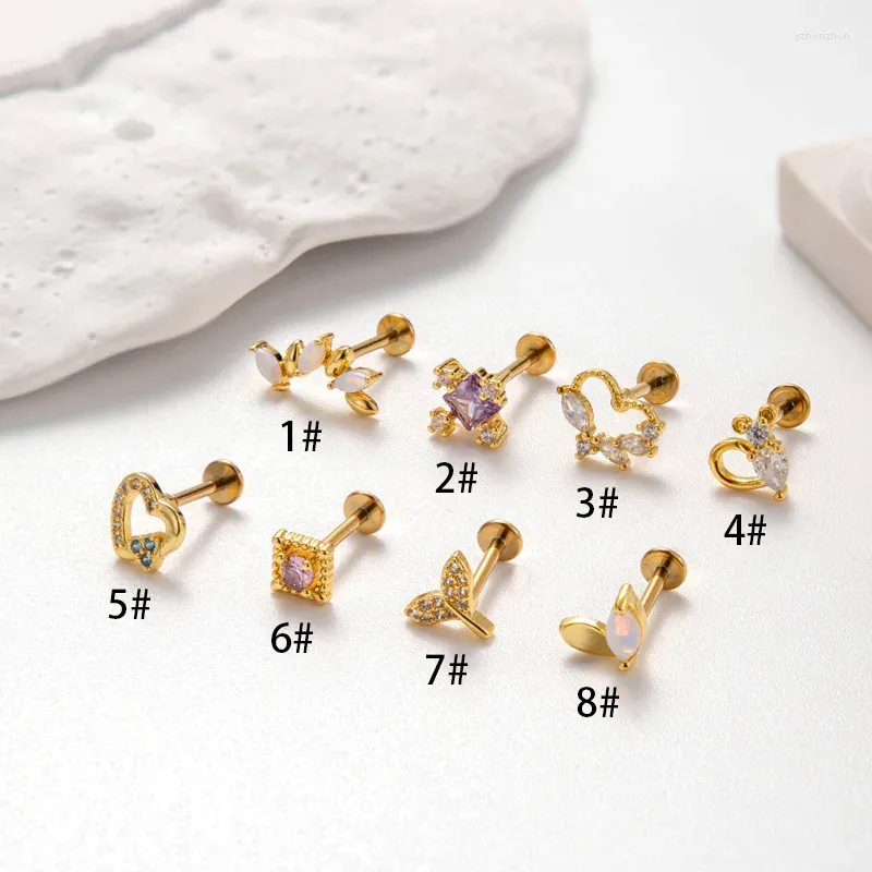 Boucles d'oreilles à tige plate en titane pour femmes, 1 pièce, 1.2, 8mm, G23/F136, 2024, cœur, Zircon, 16G, Piercing Cartilage