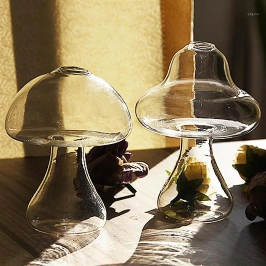 透明なキノコ形状のガラス花瓶素敵な水耕栽培植物クリエイティブクラフトホームオフィスリビングルームの装飾5744444348c