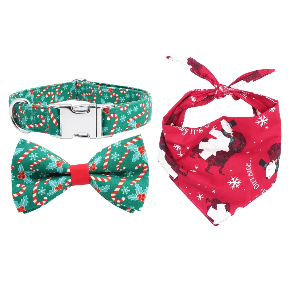 Coleiras de Natal personalizadas para animais de estimação com gravata borboleta e trela correspondente