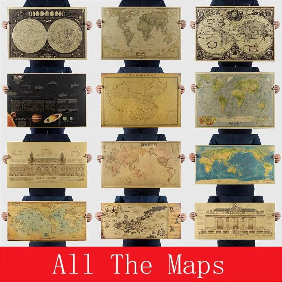 Tüm haritalar koleksiyonu vintage retro kağıt dünya ayı mars poster duvar grafiği ev dekorasyon duvar sticker218y