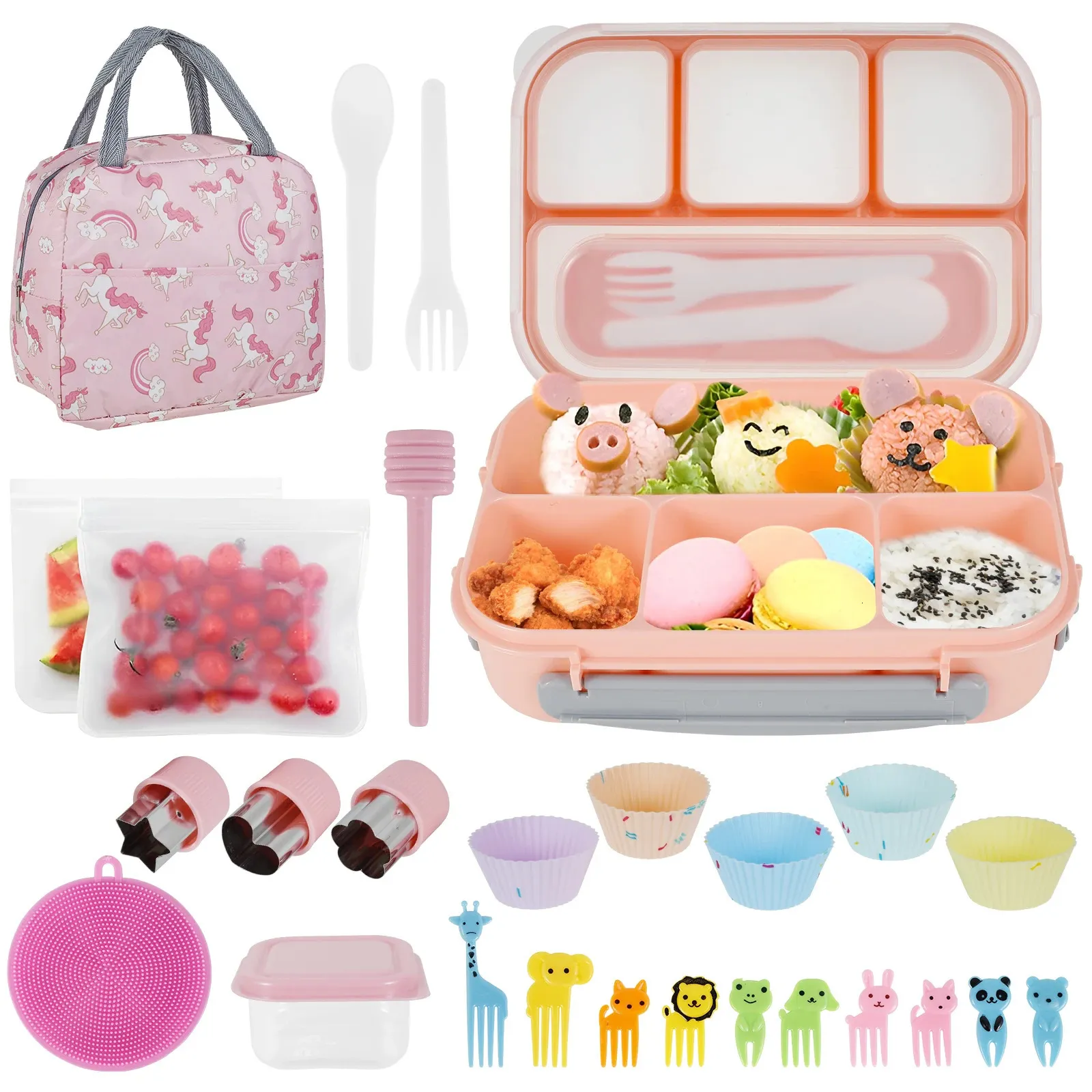 27st Bento Lunch Box Kit For Kids Adults 1300 ml Lunch Food Container Bento Box With Storage Bag Sauce Box Fork Fruit Fork 240304