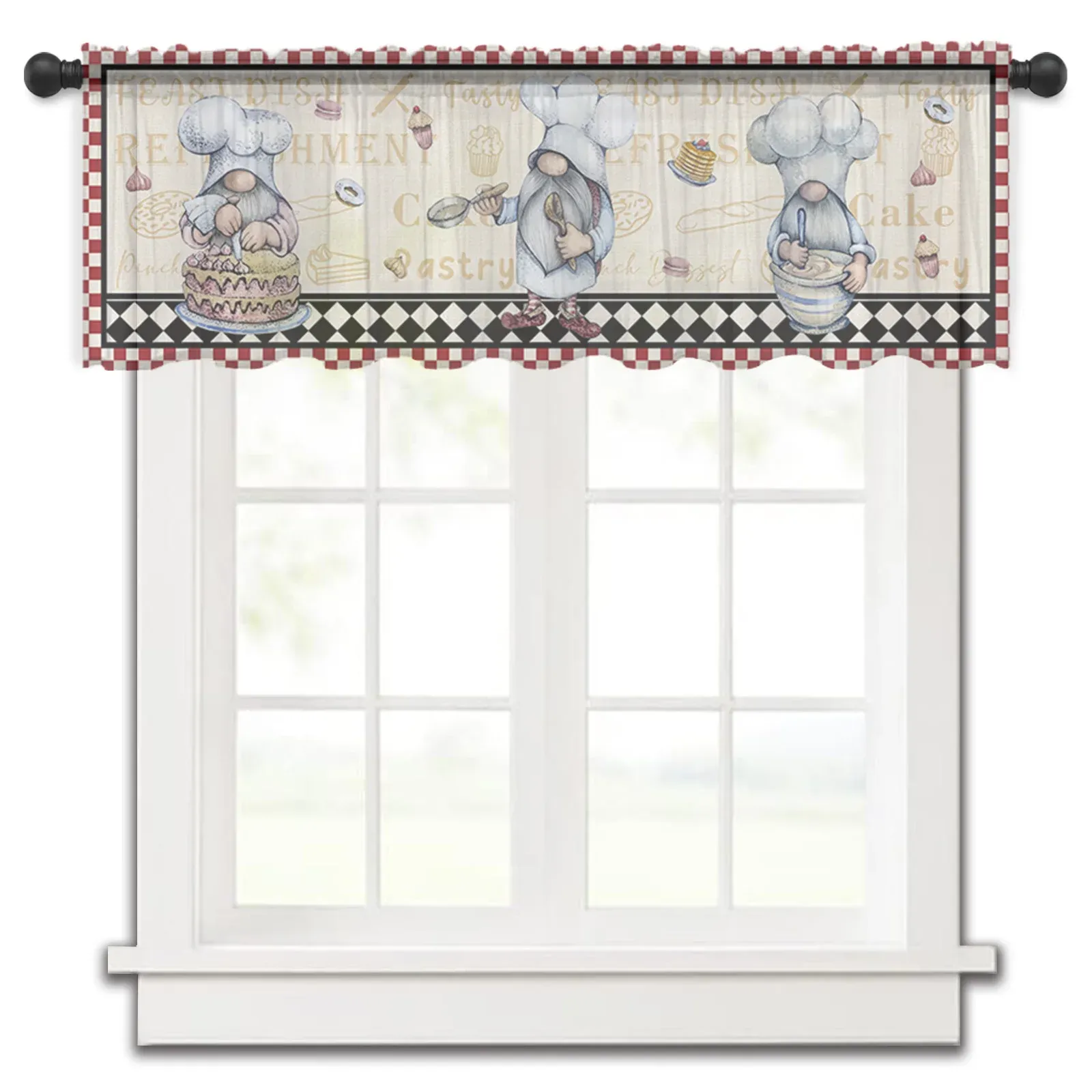 Rideaux de cuisine Chef Gnome Dessert, en Tulle court, Voile de chambre à coucher, demi-rideau transparent pour fenêtre, armoire de cuisine, petits rideaux