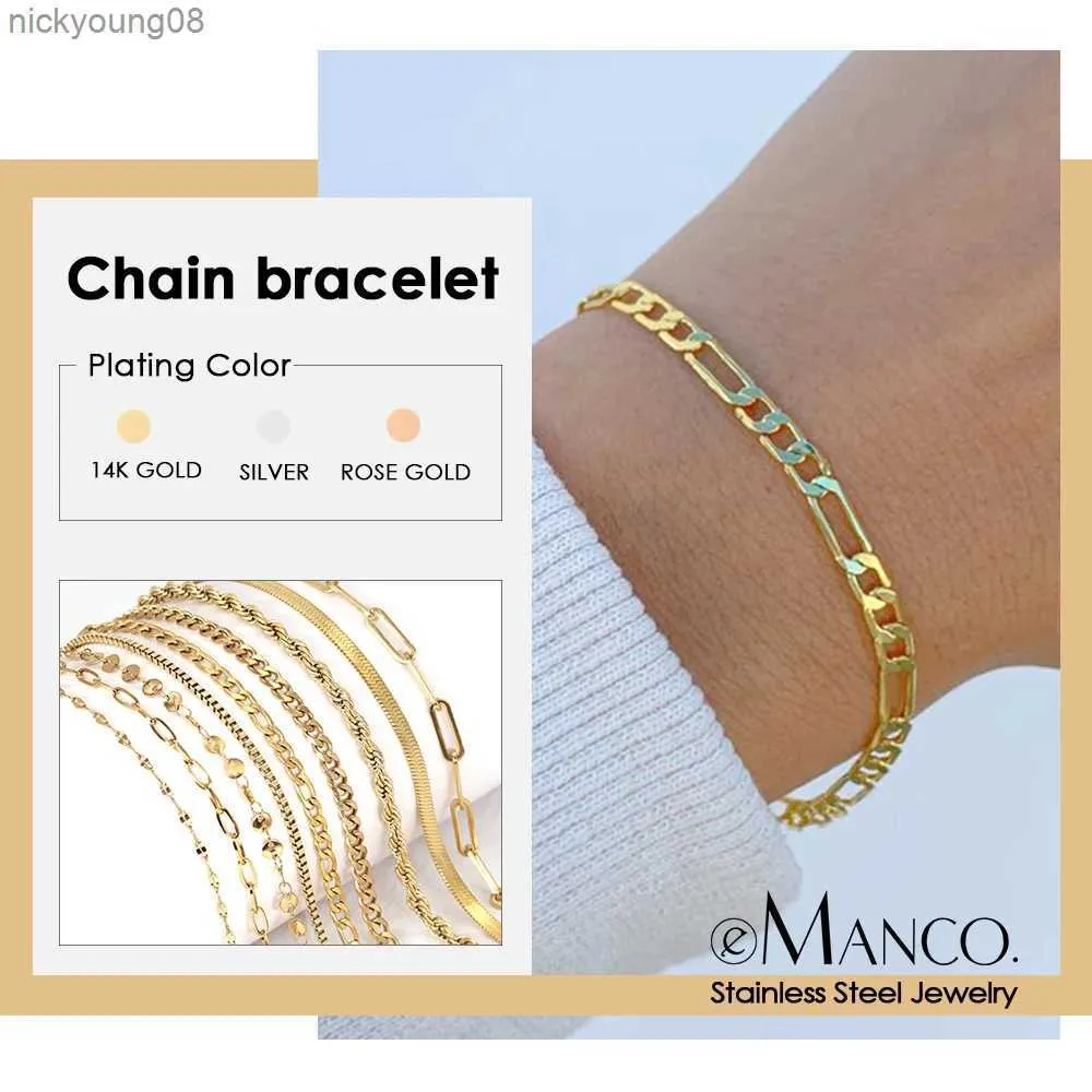 Bangle eManco Figaro Link Chain Bracelet Female Stainless Steel Gold Color Charm Bracelets Chain Bracelets for Women Man Jewelry GiftsL2403