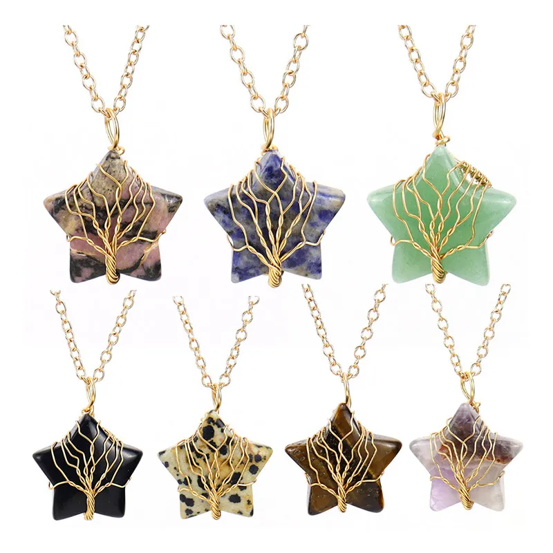 Natural 7 Chakra Star Stone Pendant Necklace Tree of Life Hand Gold Wire Wrapped Gravel Healing Gemstone Pendant Necklaces Jewelry