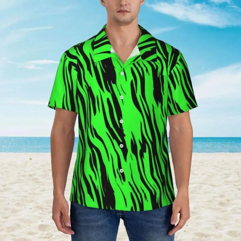 Freizeithemden für Herren, grünes Tiger-Druck-Strandhemd, Herren-Retro-Tier-Sommer-Kurzarm-Muster, lockere, übergroße Blusen, Geschenkidee