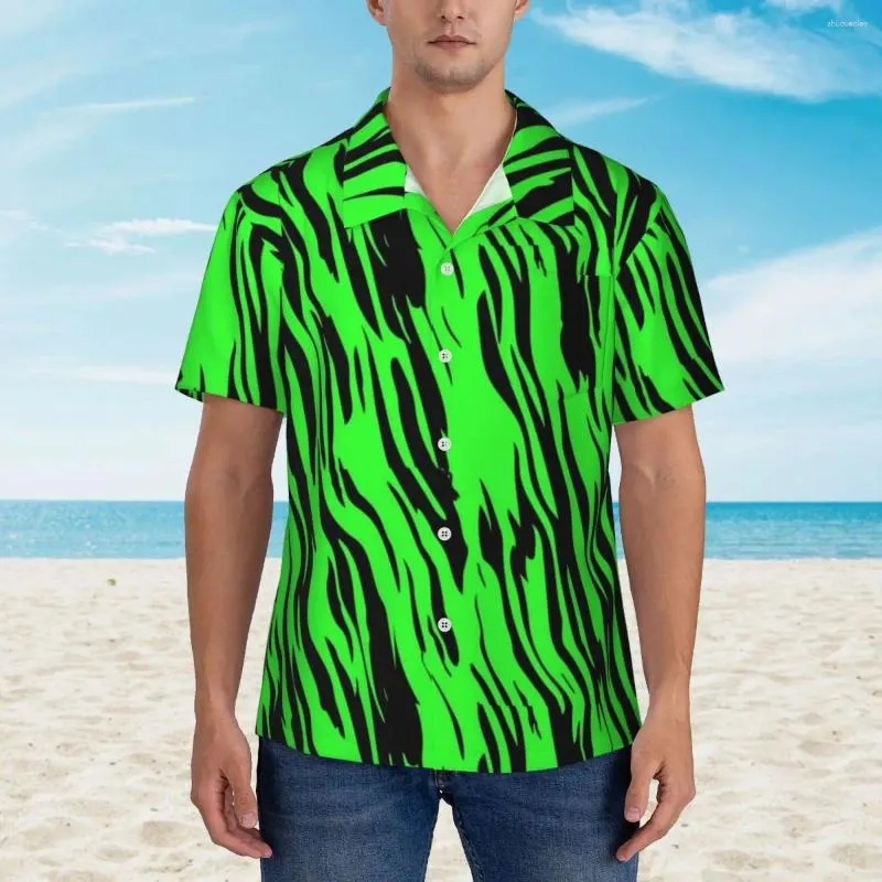 Men's Casual Shirts Green Tiger Print Beach Shirt Men Retro Animal Summer Short Sleeve Pattern Loose Oversized Blouses Gift Idea