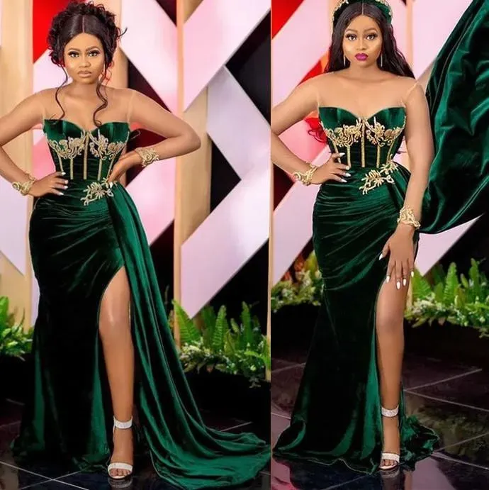 Africain Emerald Green Prom Party Robes Sexy Slit Sweetheart Arabe Aso Ebi Veet Plus taille Soirée Ocn robe