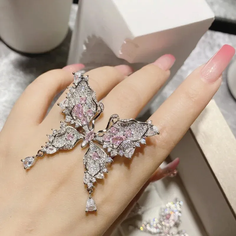 Pink Butterfly Big Rings for Women Resizable Luxury Designer Jewelry Aesthetic Fashion Cute Y2K Dating Wedding Engagement Presents 240311