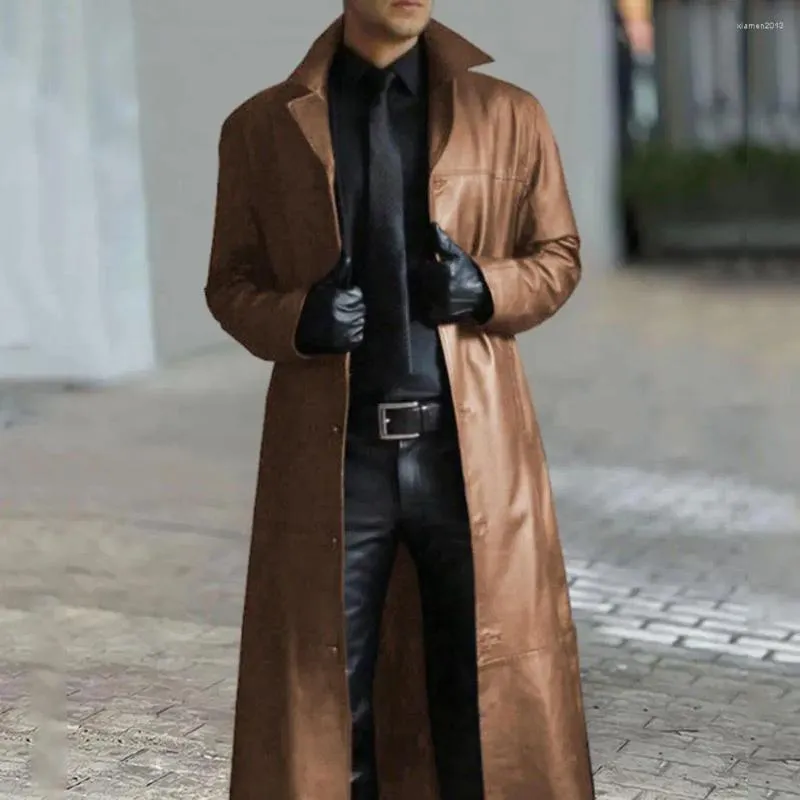 Trenchs pour hommes Faux cuir Long manteau élégant avec col rabattu coupe-vent Design Slim Fit Streetwear pour hommes