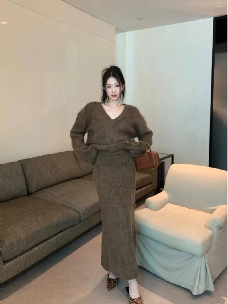 Work Dresses Sweet Girl Casual Knitted Suit Women's Spring V-Neck Loose Sweater High Waist Long Skirt Two-piece Set Fashion Female Clothes