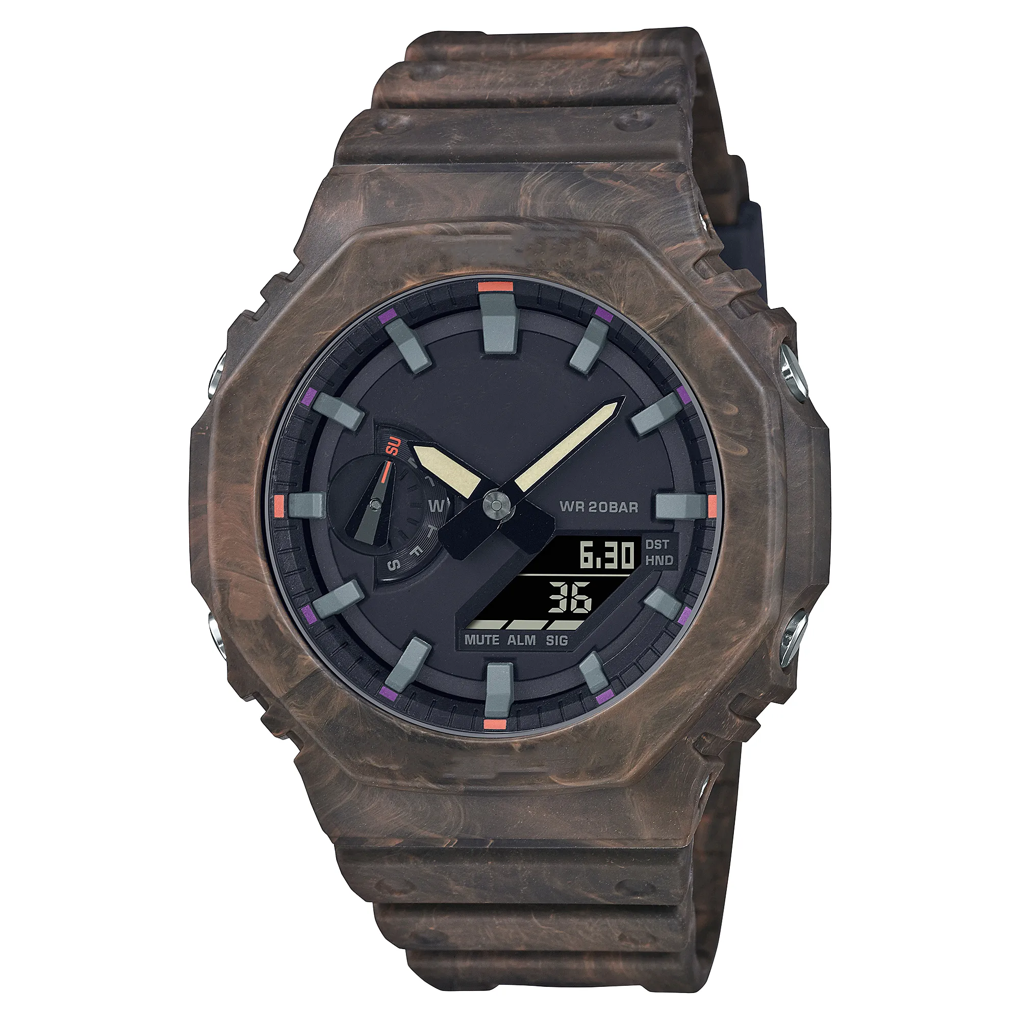 Relógio masculino esportivo marrom digital quartzo 2100, hora mundial, completo, à prova d'água, LED, mostrador grande, série Oak