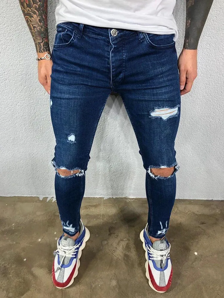 Trous de genou en détresse élastique jean moulant hommes déchiré Biker Denim pantalon solide lavé Streetwear noir pantalons Hombre Joggers240313