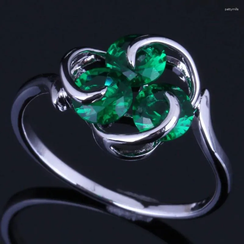 Cluster Rings Marvelous Three Stones Round Green Cubic Zirconia Silver Plated Ring V0690