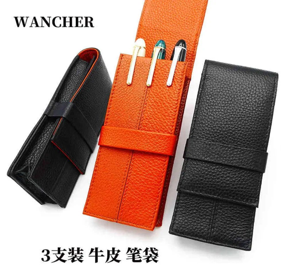 Wancher 정품 가죽 분수 분수 펜 케이스 Cowhide 3 펜 홀더 파우치 슬리브 Y2007098892618