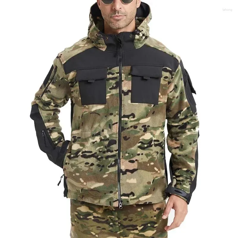 Jaktjackor Mens Tactical Fleece flera fickor fullzip upp utomhus vindtät huva varmt arbete rock oss armé camo rockar