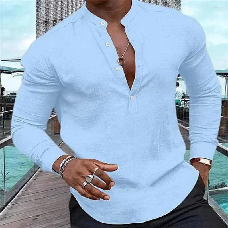 Men's Casual Shirts Fashion Henry Solid Half Open Button Standing Neck Muscle Street Top S-3XL